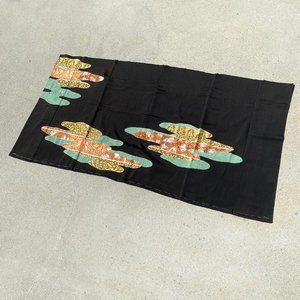 Kimono Silk Fabric - Painted & Embroidered silver gold teal coral tan on black